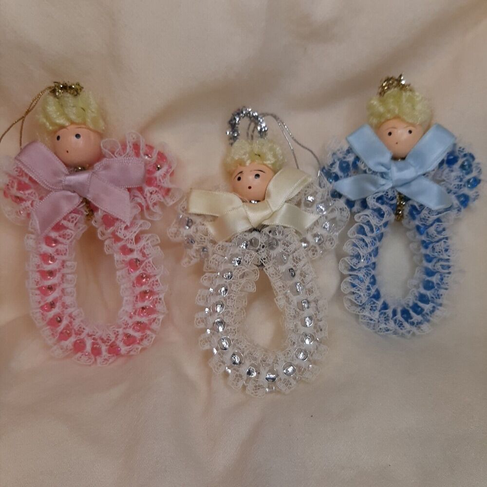 3 Vtg Handmade ANGEL Christmas Ornaments Pastel Ribbon Lace Bead Pink Blue White